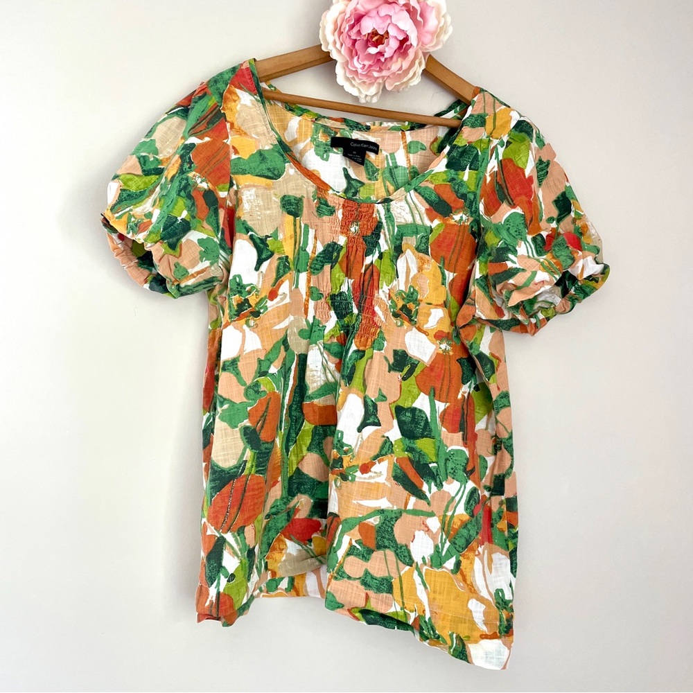 Calvin Klein Jeans Vibrant Tropical Print Puff Sleeve Ruffled Blouse 0X